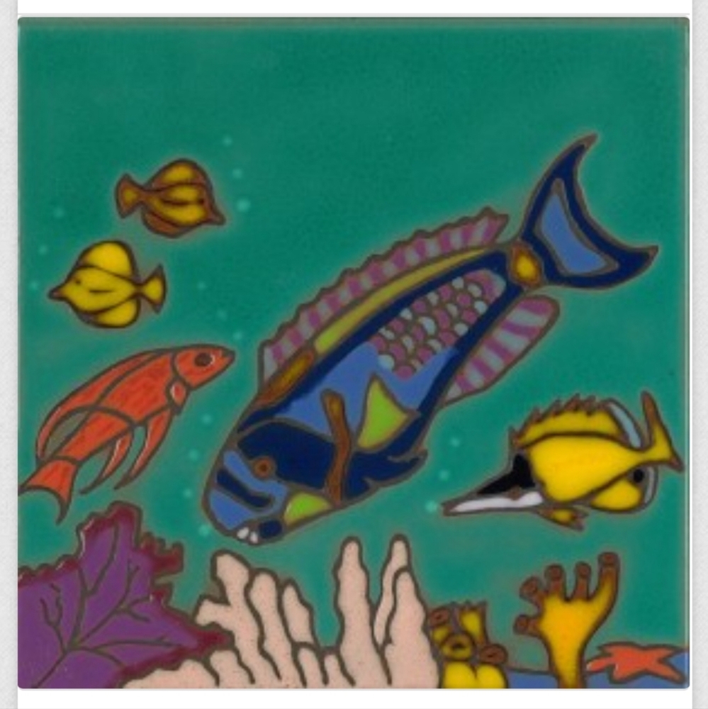 Hand Painted Ceramic Parrot Fish Art Tile Trivet By Elana